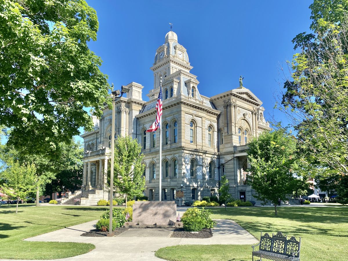 The Shelby County Courthouse on Courthouse Square in downtown Sidney, Ohio